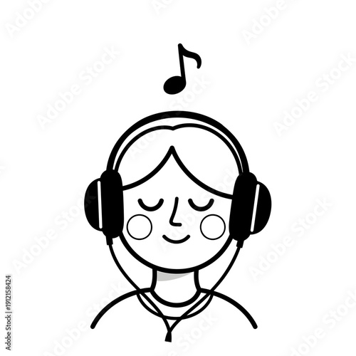 Cute Girl Enjoying Music with Headphones and Musical Note – Entertainment Flat Vector Icon

