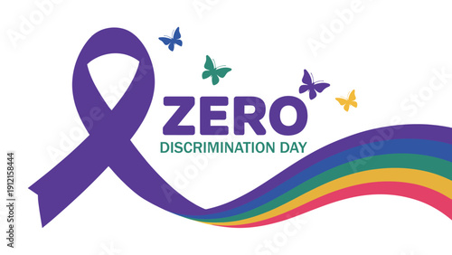  Zero Discrimination Day Awareness Illustration with Purple Ribbon, Rainbow Wave and Butterflies Promoting Equality, Diversity, Inclusion and Global Human Rights Campaign