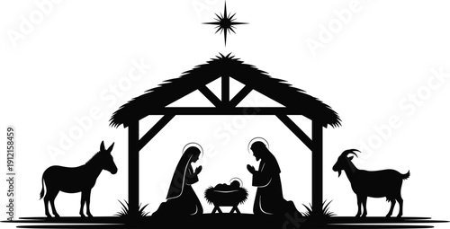 Traditional Christmas nativity scene silhouette with holy family in manger under bright star with farm animals vector illustration.