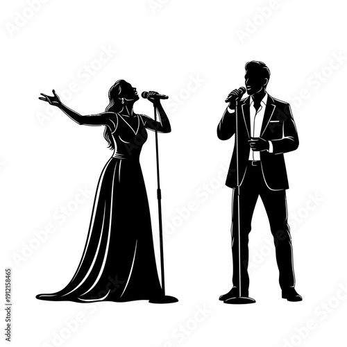 Concert Duet with Male and Female Singers Performing with Microphones – Silhouette Performance Vector

