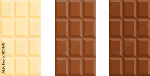 Set of realistic flat vector illustrations featuring white milk and dark chocolate bars isolated on white background for food packaging and candy shop branding