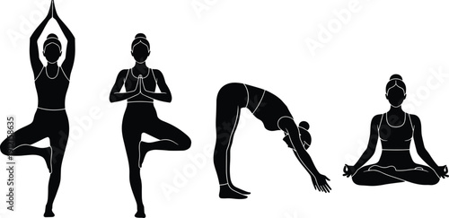 Yoga pose silhouettes, tree pose, prayer pose, downward dog, lotus posture, black white style, meditation fitness icons - flat vector illustration