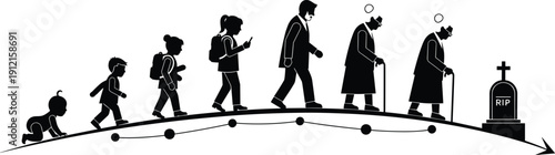 Human life cycle silhouettes, baby crawling, child walking, student with backpack, adult working, elderly with cane, gravestone RIP - flat vector illustration