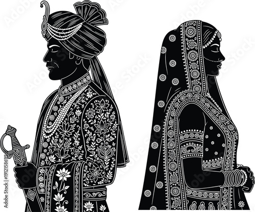 Indian wedding couple silhouettes, bride groom attire, ornate sherwani, embellished saree lehenga, cultural jewelry, ceremonial sword, traditional fashion - flat vector illustration