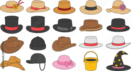 Large collection of various hat styles including summer straw hats, cowboy hats, top hats, and beanies, flat fashion accessory vector icons isolated on white background.