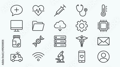 Comprehensive Set of Medical, Technology, and Communication Line Icons for Digital Health