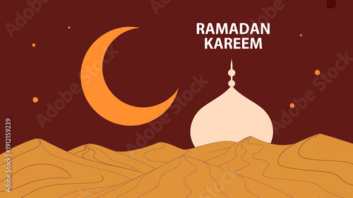 Ramadan Kareem Islamic holiday greeting card with mosque and crescent moon