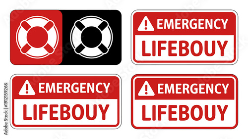 Emergency lifebouy signs and lifebuoy icons on white background