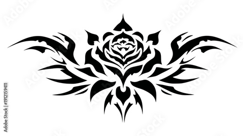Stylized black rose with tribal wings graphic design. Ornate floral tattoo art element, elegant decorative vector motif.