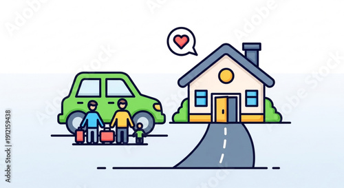 Family arriving home with luggage feeling happy and welcomed illustration