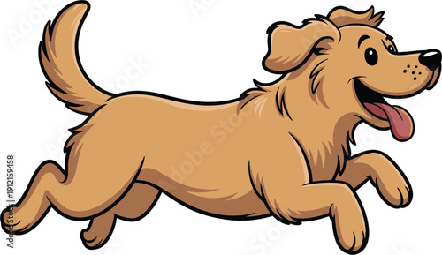 Happy cartoon golden retriever dog running and jumping with tongue out, cute cheerful yellow labrador puppy vector illustration isolated on white background for pet care and animal lovers.