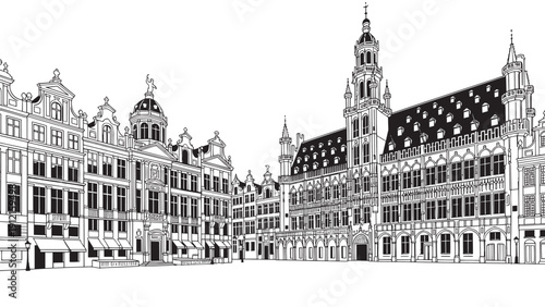 Historic European city square with ornate Gothic and Renaissance facades in a monochrome architectural panorama.