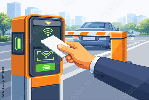 Flat vector illustration of a hand tapping a contactless smart card on an automated access terminal. Features a green checkmark on the screen, perfect for security systems and smart city UI designs