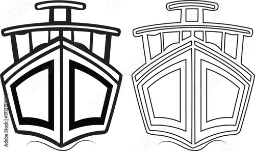 Black and white graphic illustration of a ship bow with water waves boat vessel