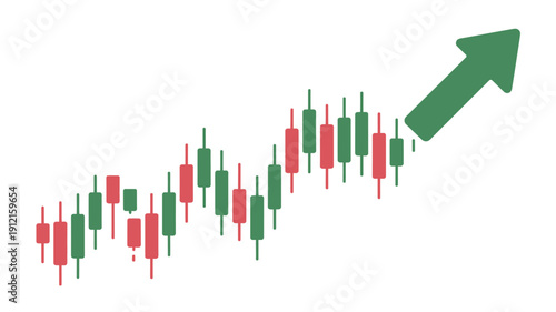Candlestick chart with green arrow showing stock market trend upwards over time