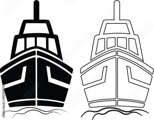 Black and white boat icons on water with waves ship vessel