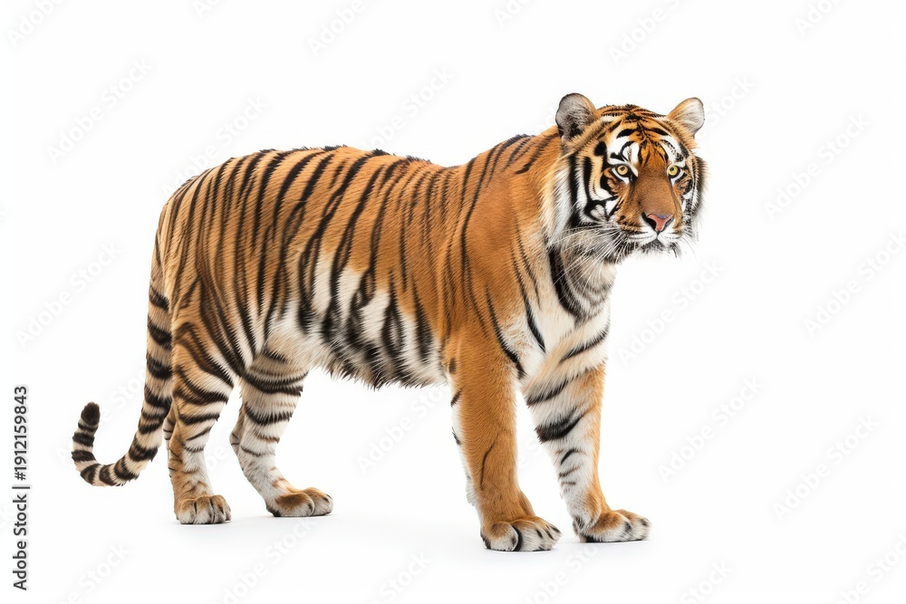 Obraz premium A majestic tiger with its distinctive stripes stands gracefully, showcasing its powerful physique and captivating gaze. This photorealistic depiction captures the essence of this magnificent creature.