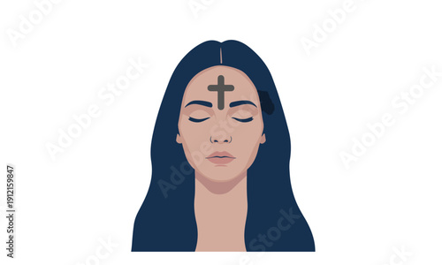 Ash Cross Symbol on Woman's Forehead for Christian Lent Ritual