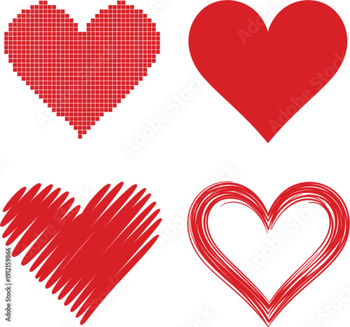 Collection of red heart icons featuring halftone dot pattern solid flat shape and messy hand drawn ink outline sketch elements.