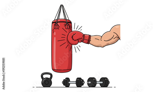 Boxing Glove Punching Red Heavy Bag with Kettlebell and Dumbbells