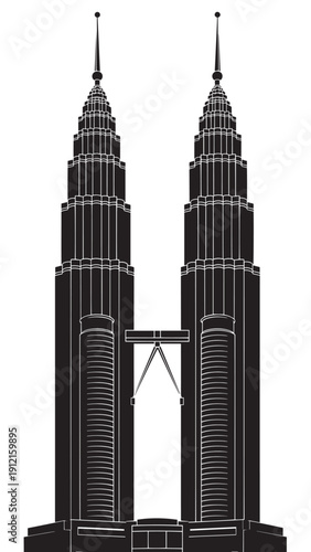 Iconic Kuala Lumpur twin towers with skybridge silhouette against urban skyline and modern architecture.