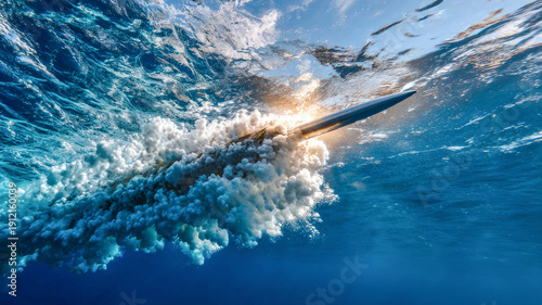 Underwater launch of a missile amidst a spectacular backdrop of sunlight breaking through the waves while white foam and bubbles create dynamic movement in the ocean depths