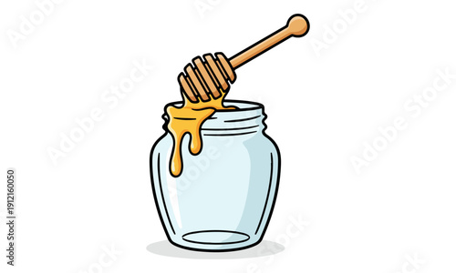 Cartoon Honey Dipper Dripping from Empty Glass Jar Vector Illustration