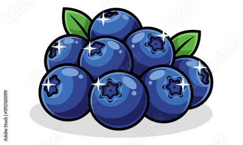 Cartoon Blueberries Pile with Green Leaves Vector Illustration