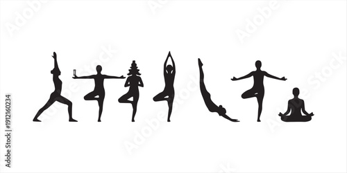 Diverse group of seated male and female silhouettes in various poses on white background people sitting