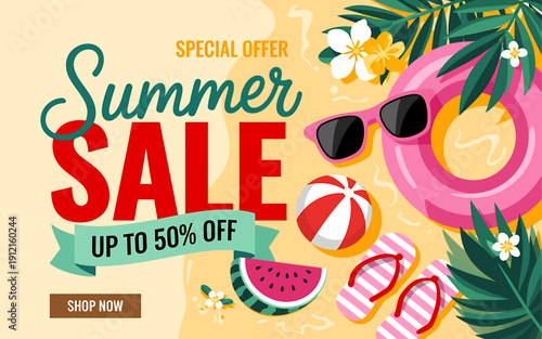 Summer sale advertisement with sunglasses beach ball and flip flops on yellow background