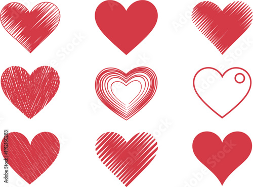 Creative red heart shapes vector set featuring hand drawn scribble textures and minimalist outline 
