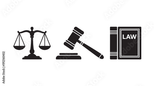 Vector Illustration Of Law Symbols Including Scales, Gavel And Law Book For Justice And Legal Concepts