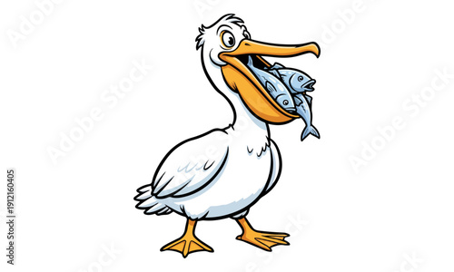 Pelican Cartoon Mascot Holding Fish in Pouch Isolated Vector