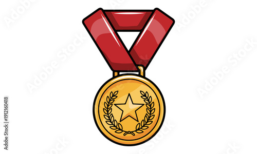 Gold Medal Award Icon with Star and Laurel Wreath on Red Ribbon
