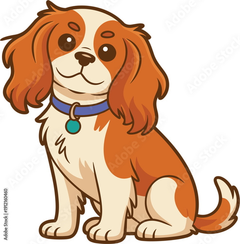 Cute cartoon Cavalier King Charles Spaniel dog vector illustration sitting with blue collar isolated on white background for pet shops, veterinary clinics, and animal lovers.