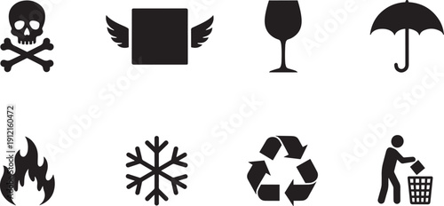 Set of vector silhouette design icons with hazard weather recycling and warning symbols bundle