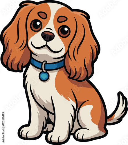 Cute Cavalier King Charles Spaniel dog character sitting with blue collar, adorable brown and white puppy vector illustration for pet shop branding and stickers.