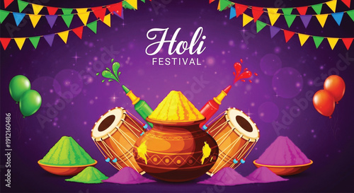 A vibrant illustration of holi festival celebration with traditional elements and colorful powders, on a purple background.