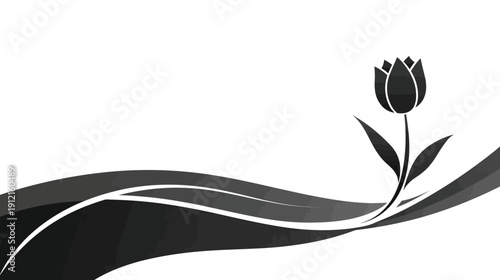 Elegant black tulip flower silhouette with flowing abstract wave element on white background, minimalist floral graphic design