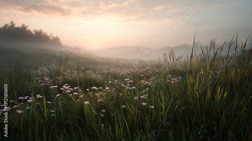 Misty Meadow at Dawn: A serene meadow bathed in the soft glow of dawn, with gentle mist rising above the lush green grass and wildflowers. Capturing the tranquility of nature's awakening.