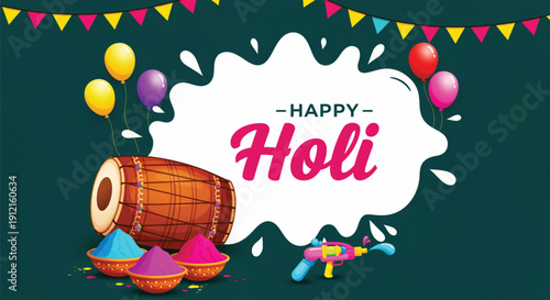 Happy holi celebration greeting with dhol drum, colorful powders, water gun, and festive bunting flags.