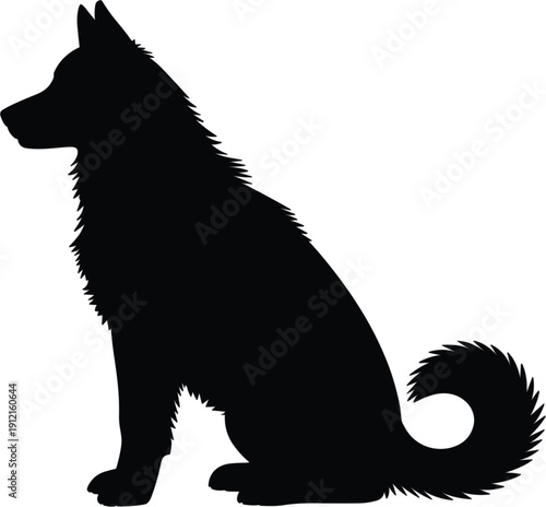 Black silhouette of a sitting German Shepherd or Husky dog, side view pet animal vector illustration isolated on white background for logo and professional design.