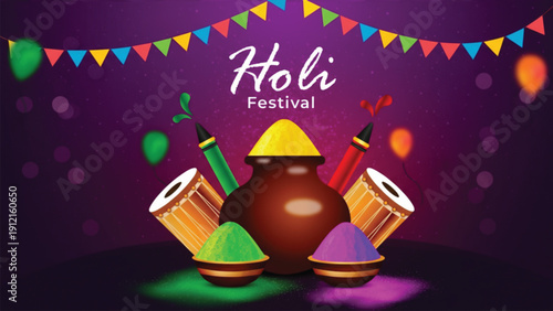 A vibrant illustration for holi festival featuring a traditional pot matka, colorful powder gulal in bowls, water guns pichkaris, and festive bunting against a deep purple background.