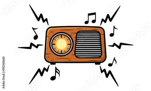 Cartoon Retro Radio Broadcasting Music Notes and Signal Waves
