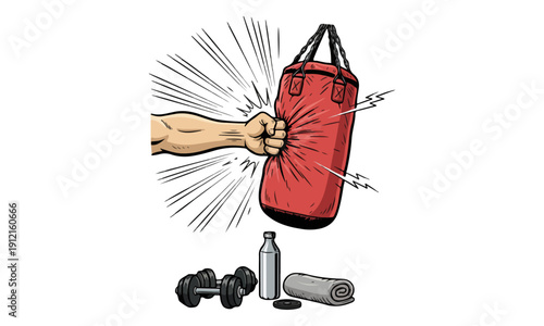Fist Punching Red Heavy Bag Illustration with Dumbbells and Gym Gear