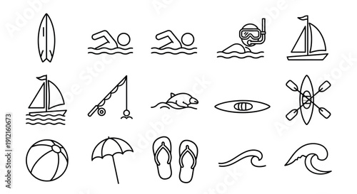 A collection of outline icons representing various summer, beach, and water sports activities and items.