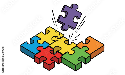 Isometric Hand-Drawn Jigsaw Puzzle Completion Icon on White