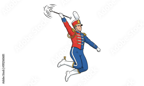 Drum Major Cartoon Jumping and Twirling Baton in Marching Uniform
