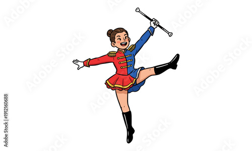 Baton Twirler Character Performing Stunt in Colorful Uniform