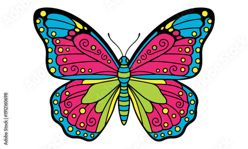 Vibrant Pink and Blue Butterfly Illustration with Swirl Patterns